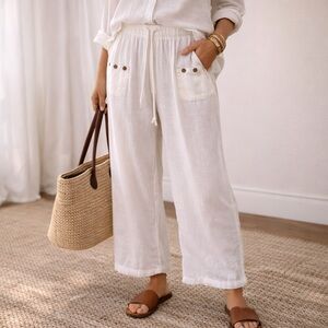 100% Linen Wide Leg Pants Made in Italy Elastic Waist Drawstring Coastal Minimal